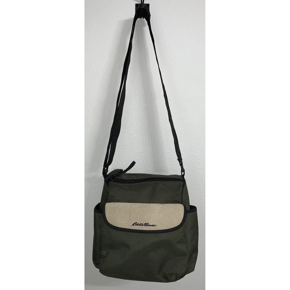 Vintage Eddie Bauer Canvas Messenger Bag Crossbody Travel Satchel Blue and Beige